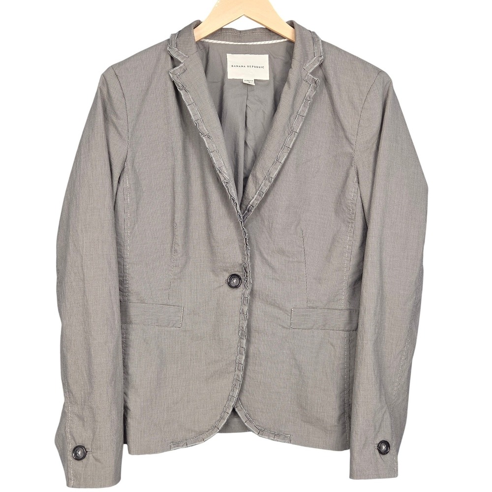 Banana Republic Blazer Womens 12 Gray Micro Stripe Ruffle Trim Stretch Jacket